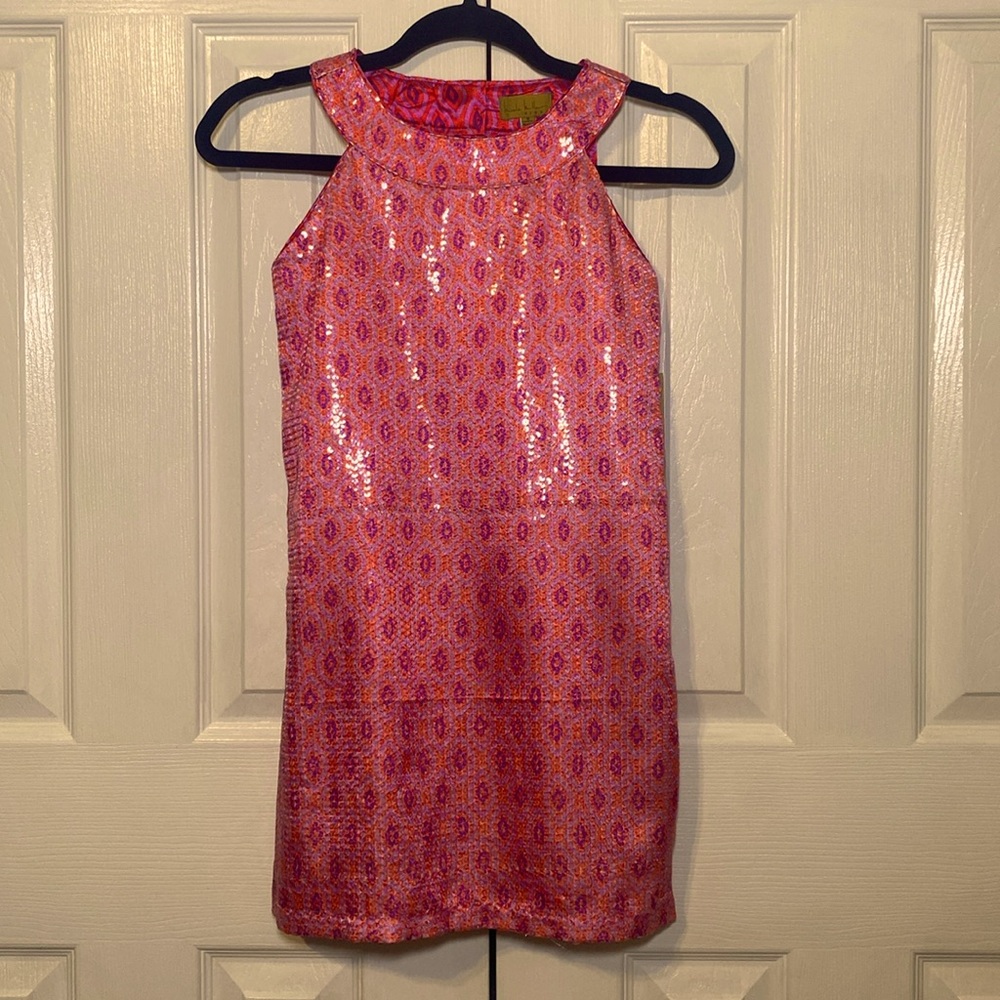 Nicole Miller Kids Sequined Dress Size‎ 10 Pink Purple Geometric Print NWT Party